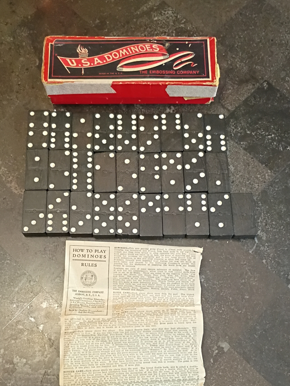 Vintage U.S.A. Dominoes Classic Black Domino Set with Red Box